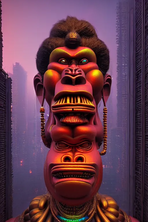 Image similar to high quality 3 d render post - rococo cyberpunk hanuman! head building, neon madhubani, open mouth, highly detailed, in sci - fi mumbai, cinematic smooth unreal engine, lee madgwick & liam wong, dramatic light, low angle, uhd 8 k, sharp focus