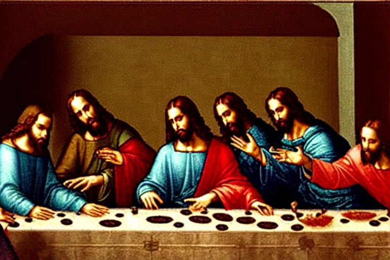 Prompt: programmer jesus christ programming a computer during the last supper by leonardo davinci