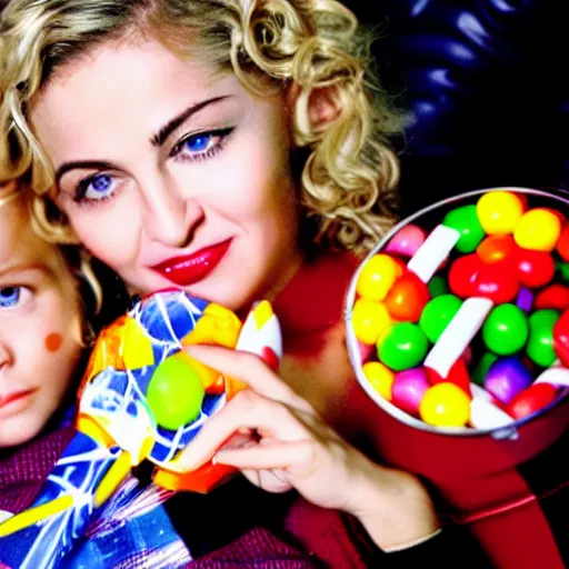 Image similar to stock photo. madonna and child, holding candy. jar of candy. lollipop, candy bar, gumdrop, fudge.