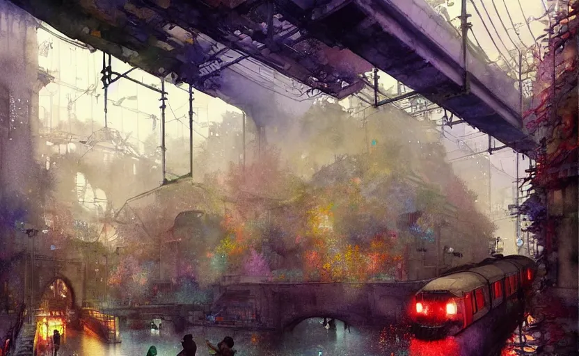 Image similar to an urban train rides inside of a waterway on a fantasy city. intricate, amazing composition, colorful watercolor, by ruan jia, by maxfield parrish, by marc simonetti, by hikari shimoda, by robert hubert, by zhang kechun, illustration, gloomy