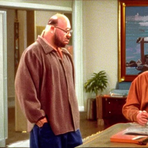 Prompt: Photo still of Jesus Christ in 1990s clothing talking with George Costanza in Jerry Seinfeld's apartment, in the style of the TV show Seinfeld (1994)