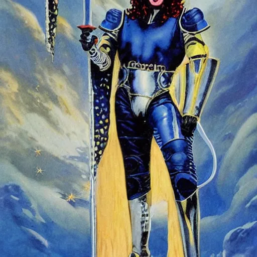 Image similar to Ace Frehley (KISS) as the Spaceman, a high fantasy medieval warrior, high quality, character art, concept art, by Jeffrey Catherine Jones, Michael Whelan and Angus McBride.