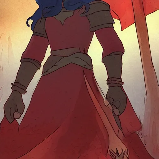 Prompt: Alette from Banner Saga standing in front of giant a rune stone, holding an extremely long red banner, nordic, epic, melancholic, perfect face, concept art, illustration, cover art, art by Don Bluth