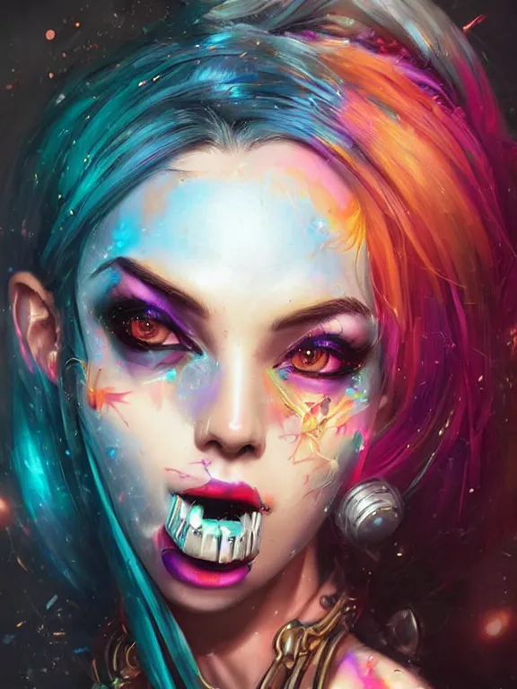 Image similar to a digital art portrait of Jinx from League of Legends,by tristan eaton,Stanley Artgermm,Tom Bagshaw,Greg Rutkowski,Carne Griffiths,trending on pinterest,face enhance,Cyberpunk,chillwave,maximalist,full of color,glittering