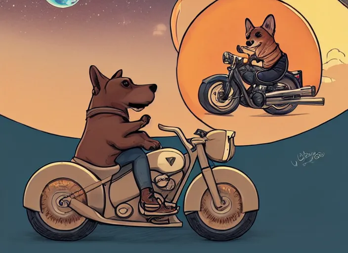 Image similar to a cell shaded cartoon corgi riding a motorcycle, with a big head, on a desert road, wide shot, in front of a big moon, muted colors, post grunge, josan gonzales, wlop, by james jean, victor ngai, hq, deviantart, art by artgerm