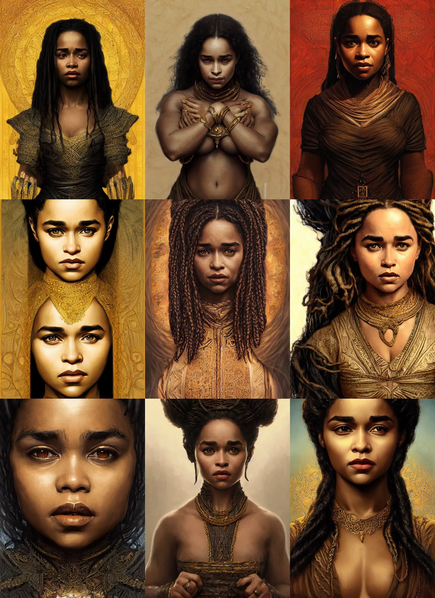 Prompt: black african emilia clarke symmetrical portrait, intricate, highly detailed, digital painting, artstation, concept art, smooth, sharp focus, illustration, orientalism, edwin long, bouguereau, rutkowski, aleksi briclot, mucha