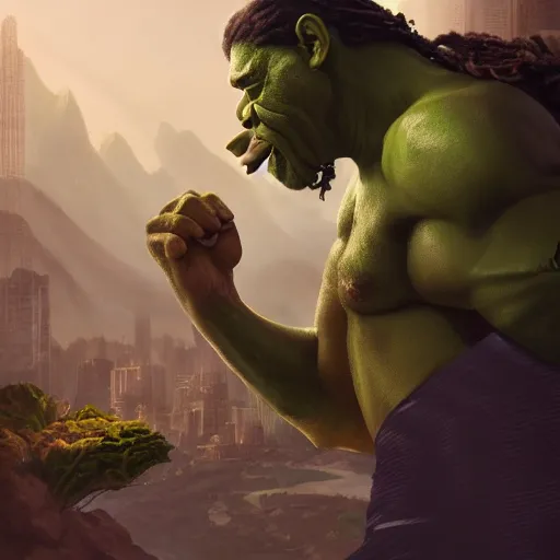 Image similar to snoop dog as big as hulk fights giant ganja plant, cinematic lighting, highly detailed, concept art, art by wlop and artgerm and greg rutkowski, masterpiece, trending on artstation, 8 k