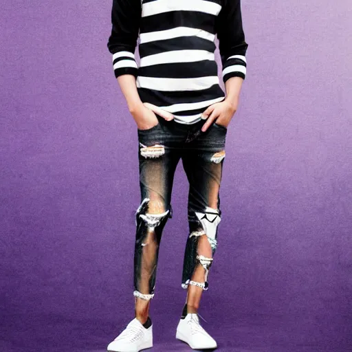 Image similar to professional digital art of a full-body view of a stylish young adult man with short hair wearing a black face mask, a striped long-sleeved shirt, and ripped jeans, high quality, HD, 8K, highly detailed, award-winning, dark purple clouds