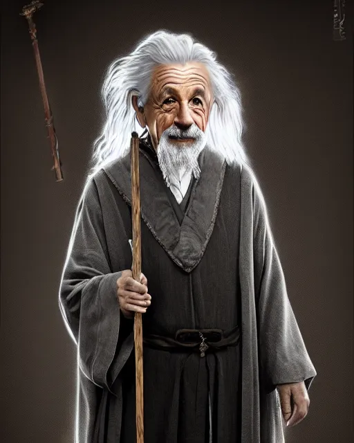 Prompt: Albert Einstein as Gandalf, Lord of the Rings, elegant robe, portrait art, wooden glowing staff, dark fantasy forest, fine details, perfect, 8k high detail, masterpiece, trending on ArtStation