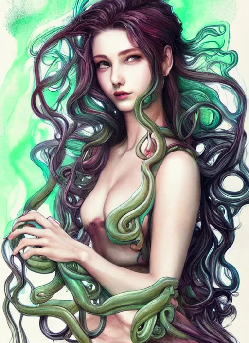 Image similar to bemused to be enveloped in slimey tentacles Aerith Gainsborough  portrait looking straight on, complex artistic color ink pen sketch illustration, full detail, gentle shadowing, fully immersive reflections and particle effects, concept art by Artgerm