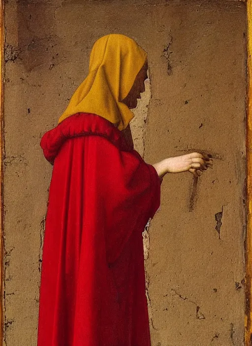 Image similar to Profile of Fallen Angel dressed in red, Medieval painting by Jan van Eyck, Johannes Vermeer, Florence