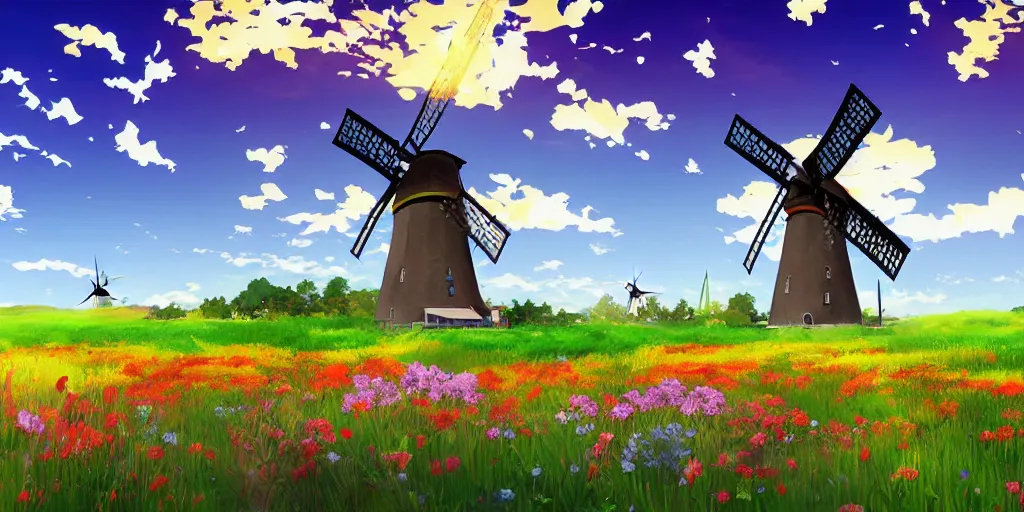 Image similar to scenic view of a flower meadow with a windmill, award - winning anime digital art