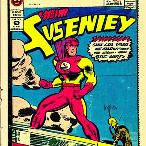 Image similar to a vintage comic cover of a super hero designed by Jack Kirby