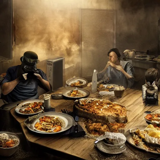 Image similar to last meal on earth, dystopia, 5 0 mm shot, ultra realistic