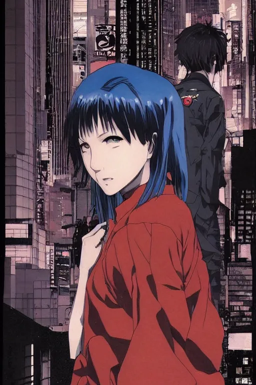 Prompt: professionally drawn 9 0 s seinen mature cyberpunk horror detective action manga comic cover, full color, beautifully drawn coherent professional, drawn by ilya kuvshinov, ilya kuvshinov, and hiromu arakawa. japanese script on the cover. stern woman in foreground with wide beautiful blue eyes anime face. award - winning manga by satoshi kon.