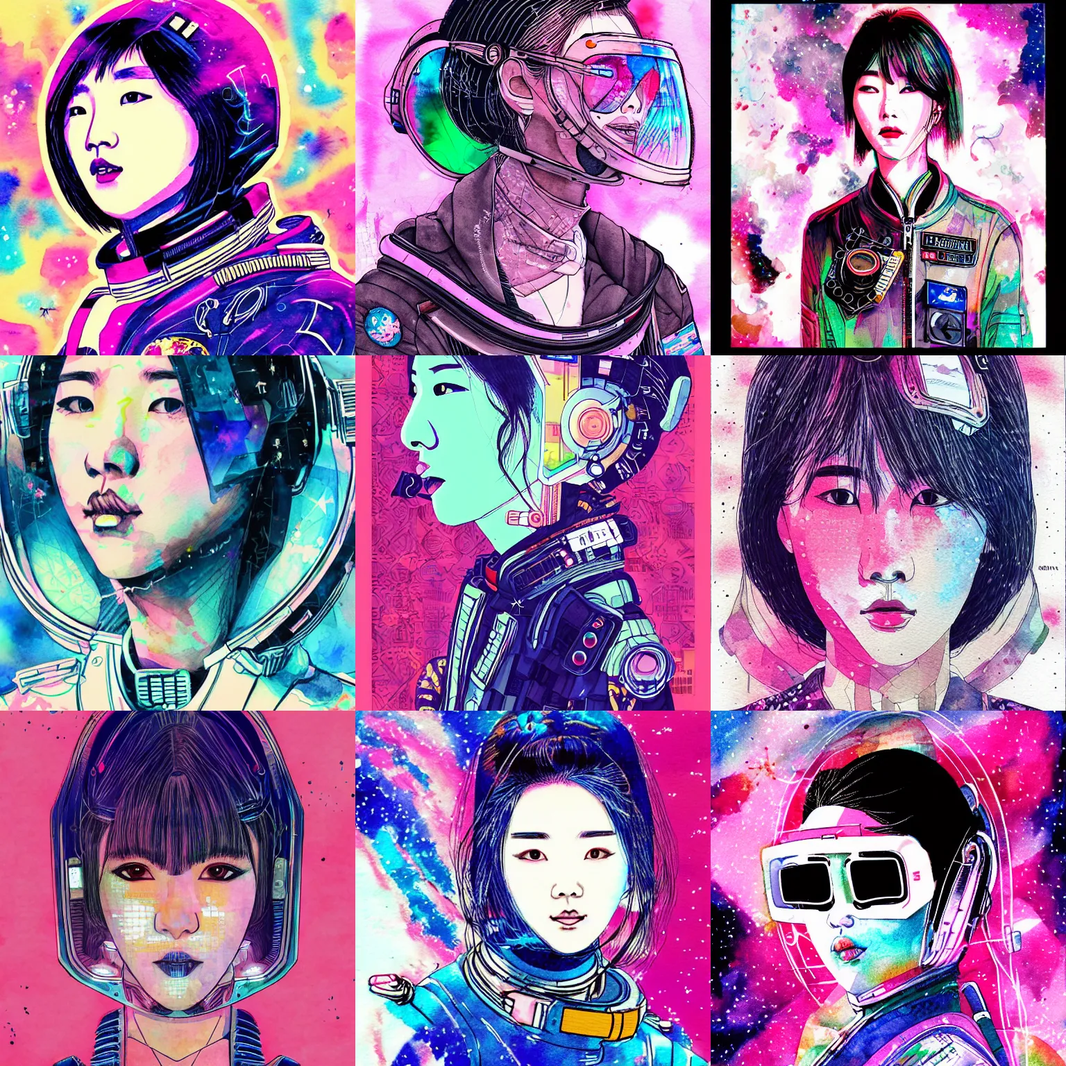 Prompt: korean women's fashion astronaut, intricate watercolor cyberpunk vaporwave portrait by tim doyle
