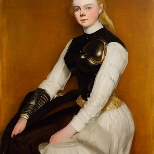 Image similar to Elle Fanning as an Android, oil on canvas, golden hour, artstation, by J. C. Leyendecker and Peter Paul Rubens,