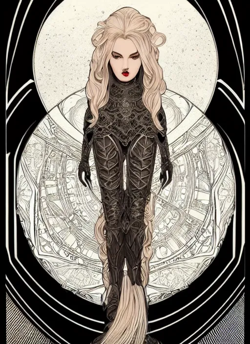 Image similar to symmetrical centered portrait, dark witch in front of the full big moon, blonde hair, intricate metal armour, Art Nouveau, beautiful retro Fantasy heroine 1985, intricate, elegant, highly detailed, centered, digital painting, trending on artstation, concept art, smooth, sharp focus, illustration, art by raphael lacoste, eddie mendoza, Mucha, alex ross, WLOP
