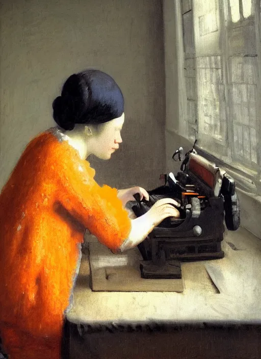 Prompt: medium shot, cinematic, cute orange monkey is typing on the typewriter, enhancements, soft lighting, by john ward, by arthur walker, by vermeer, by monet, oil on canvas, royal academy, masterpiece, trending on artstation, cinematic composition, dramatic pose, beautiful lighting, sharp, details, hyper - detailed, hd