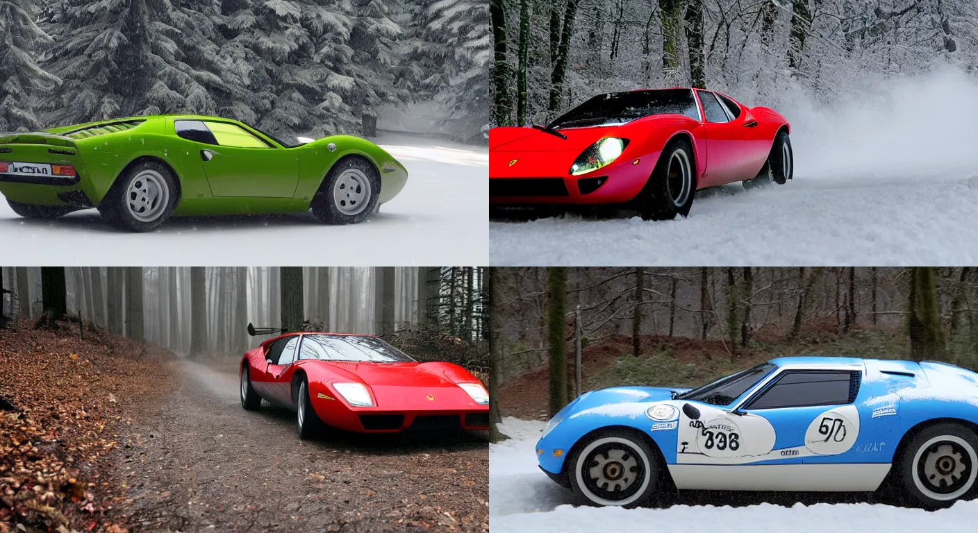 Prompt: a 2 0 0 6 lamborghini miura concept, racing through a rally stage in a snowy forest