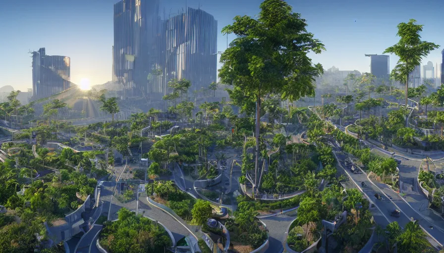 Sunrise over solarpunk city, vines, many trees and, Stable Diffusion