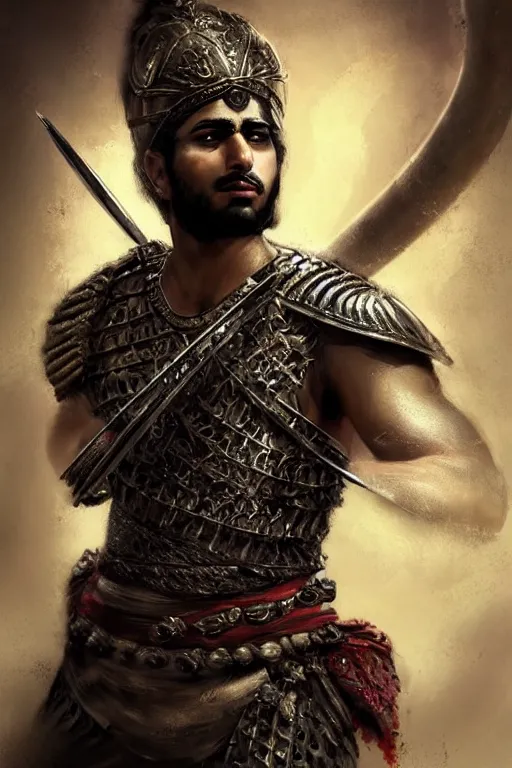 Image similar to portrait of a Persian Prince fighting at war, warrior, brutal battle, handsome prince, shaved face, attractive young man, heroic pose, persian style architecture, dramatic lighting, dark and horror, action and tragedy, dust and blood, intricate, wild, highly detailed, digital painting, artstation, concept art, smooth, sharp focus, illustration, art by artgerm and greg rutkowski and alphonse mucha, footage from space camera