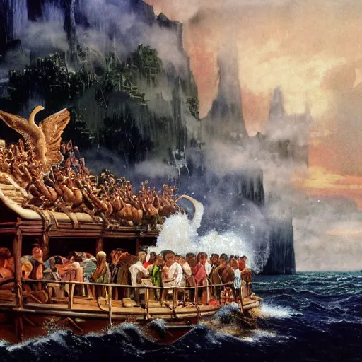 Prompt: an extremely detailed matte painting of the animals leaving noah's ark, 4 k, noah's ark, antediluvian, by bob ross and norman rockwell