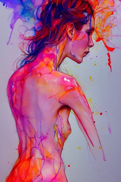 Image similar to sophia vergara by agnes cecile enki bilal moebius, intricated details, 3 / 4 back view, bendover posture, full body portrait, extremely luminous bright design, pastel colours, drips, autumn lights