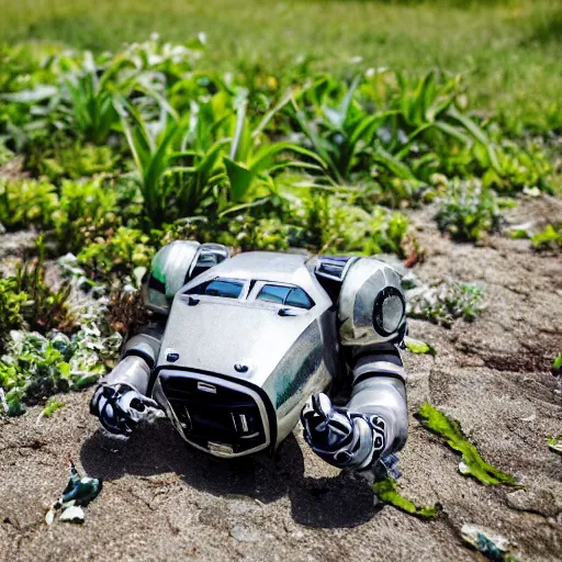 Prompt: A broken robot lays on the ground with plants growing over it, somber,HD, hyper realistic, intricate detail