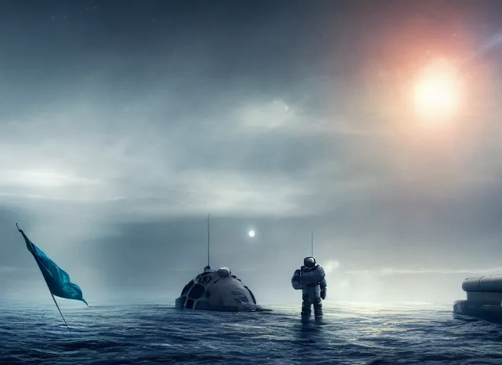 Image similar to astronaut holding a flag in an underwater desert. a submarine is visible in the distance. dark, concept art, cinematic, dramatic, atmospheric, 8 k, trending on artstation, blue, fish, low visibility, fog, ocean floor, christopher nolan, interstellar