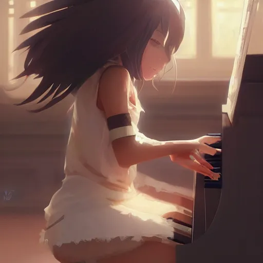 Image similar to anime girl Playing the Piano instrument , digital Art, Greg rutkowski, Trending cinematographic artstation