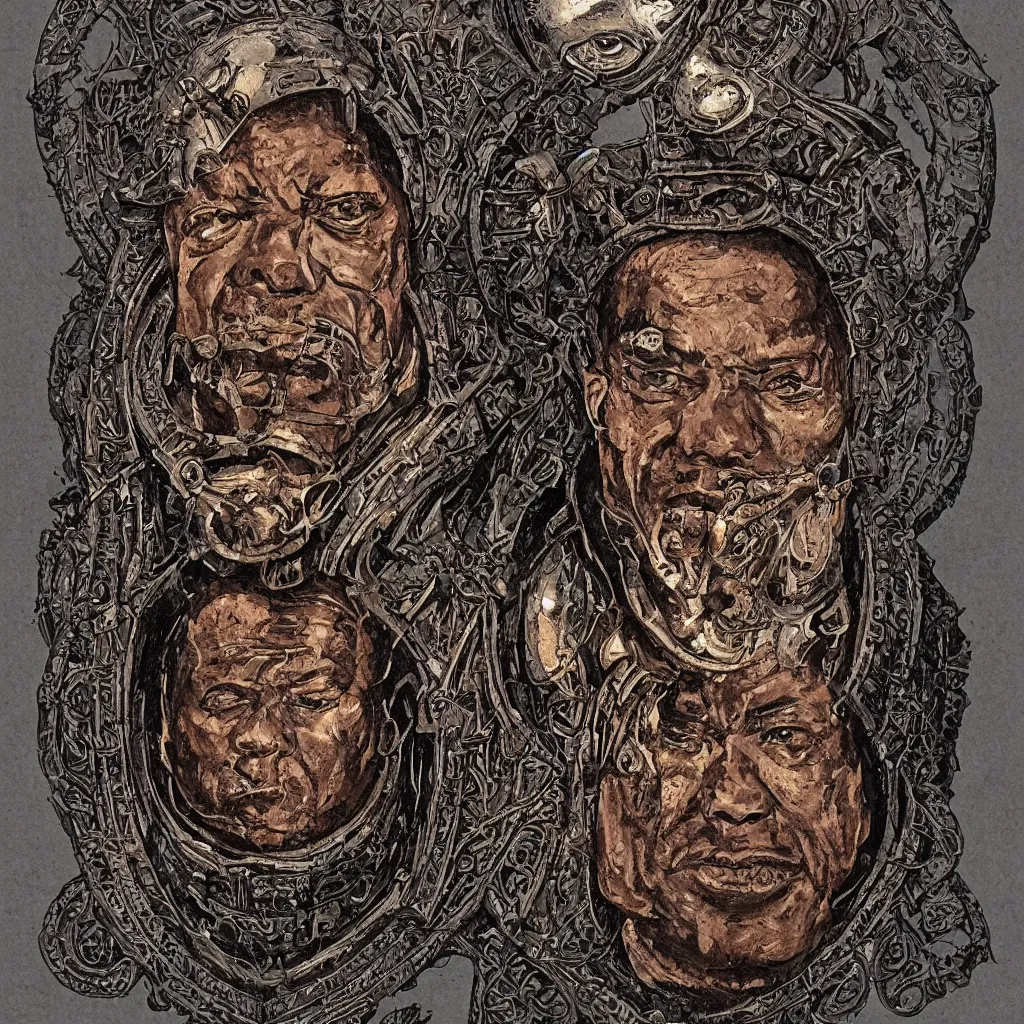 Prompt: decayed art nouveau bust portrait of James Earl Jones as Thulsa Doom in shining rune-carved armor by Kyle Hotz and Michael Golden, with rich atmospheric colors, sinister ambience, perfect mixed media illustration, accurate symmetrical anatomy details, metallic art nouveau border designs, precise machinery, perfect symmetry, sumerian, roman, egyptian, medieval, bill sienkiewicz