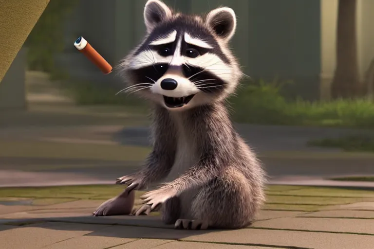 Prompt: still from a pixar movie of an annoyed looking raccoon smoking a cigarette, high quality 3d render, movie, pixar, renderman, 4k, artstation