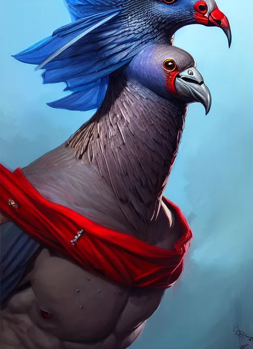 Prompt: portrait of aggressive pigeon, d & d, muscular! blue and red, fantasy, intricate, elegant, highly detailed, digital painting, artstation, concept art, smooth, sharp focus, illustration, art by artgerm and greg rutkowski and alphonse mucha