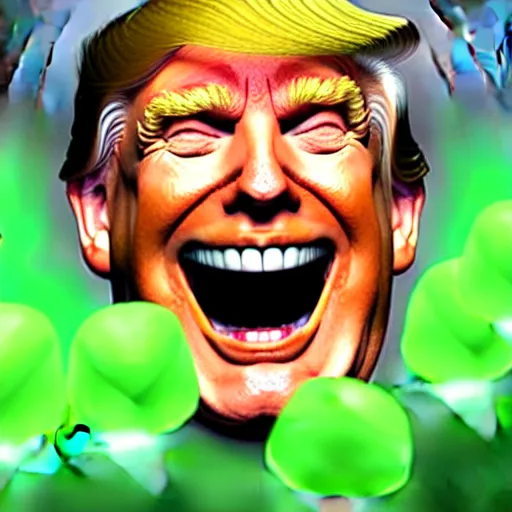 Image similar to trump smiling whilst holding a bunch of green chaos emeralds, highly detailed, realistic, beautiful composition, sharp focus, artstation, sharp focus