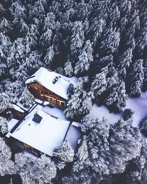 Image similar to hidden mansion in the alps with snow covered roof set on fire, zoomed out, shot from drone, iphone capture