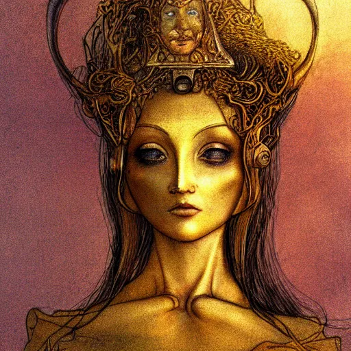 Prompt: brass woman, golden hour, illustration by Brian Froud and John Bauer, coloured lineart, smooth, eerie, dark