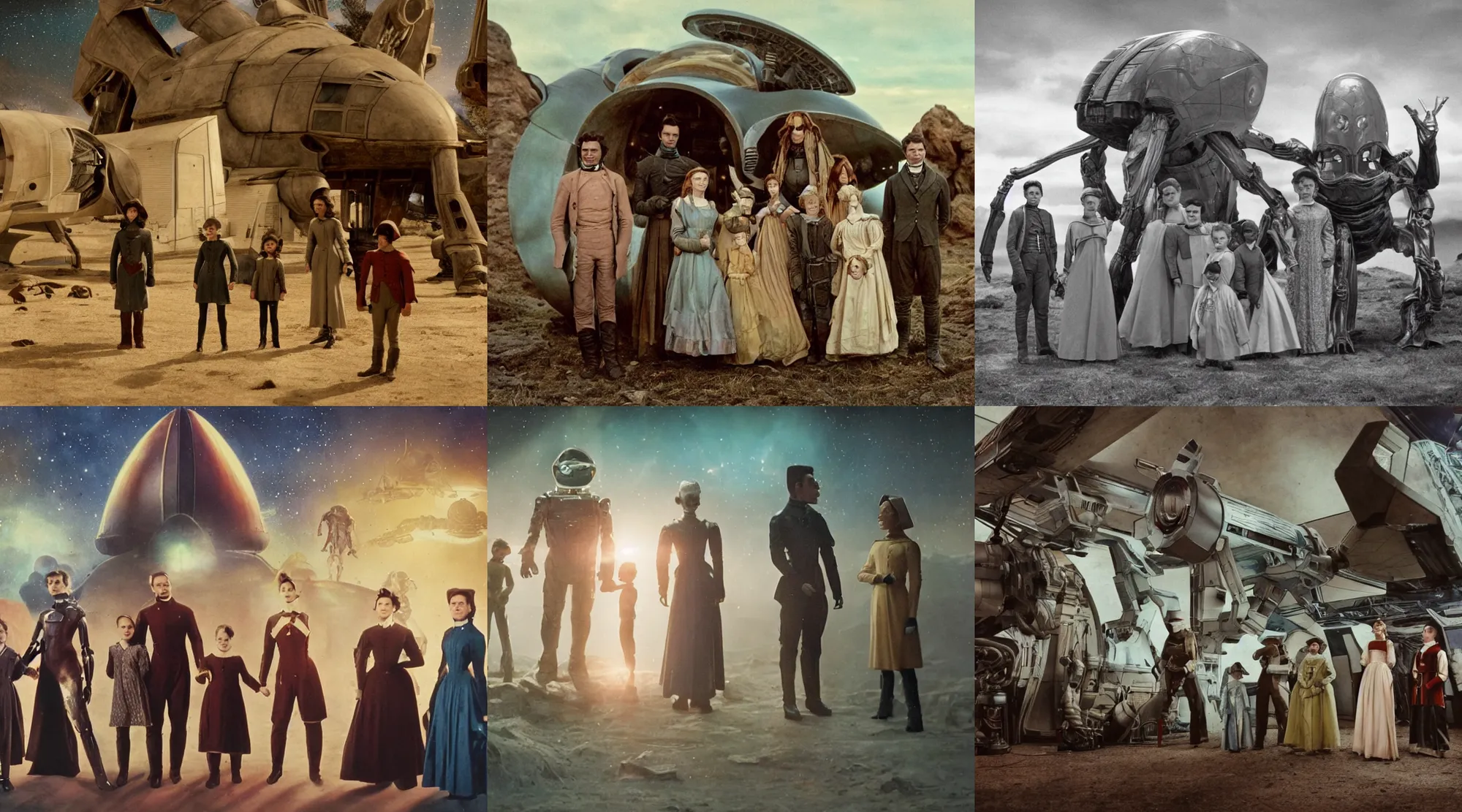 Prompt: 16k film still from a sci fi blockbuster color movie made in 2022, set in 1860, of a family standing in front of a spaceship that has just landed on an alien planet, a humanoid alien creature stands nearby, the family are all wearing 1850s era clothes, cinematic lighting, cinematic camera, extremely good lighting, good photography, winner of seven oscars, 35mm macro lens