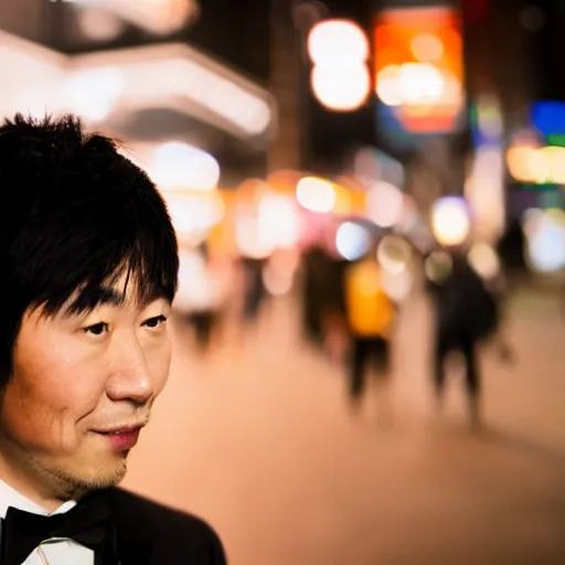 Prompt: night portrait of an adult asian man wearing a tuxedo in the streets of akihabara, depth of field bokeh