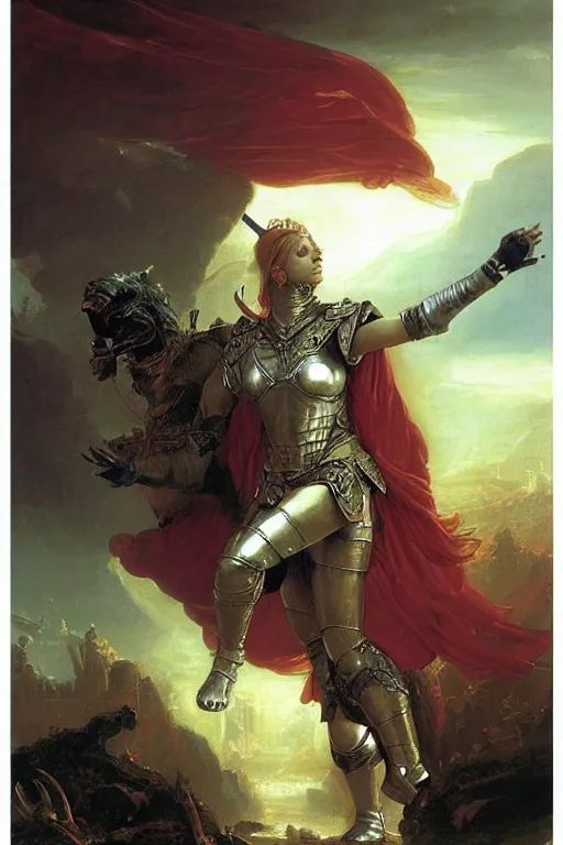 Image similar to beautiful female warrior, half body portrait, ginger hair, ornate armour, hand outstretched and pointing to the distance, realistic oil painting by Thomas Cole and Wayne Barlowe