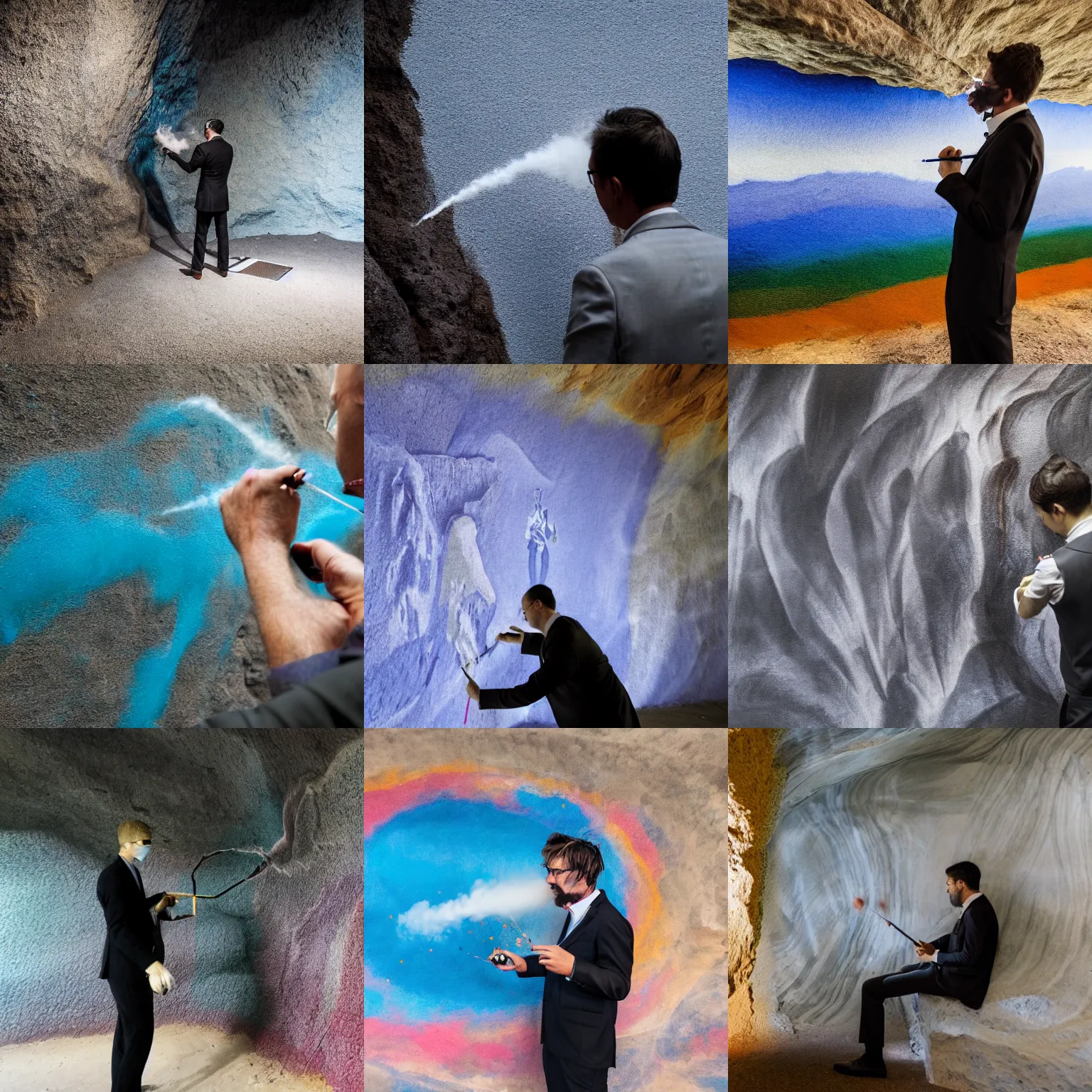 Prompt: A photo of a man in a modern suit blowing pigment to draw on a cave wall