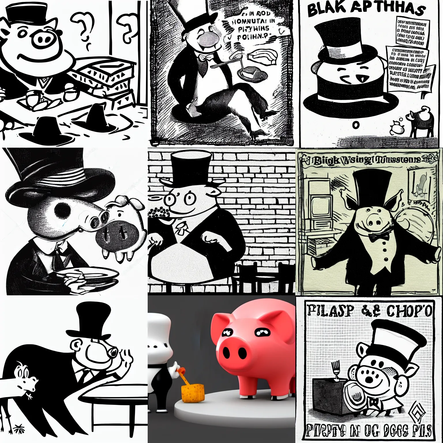 Prompt: black and white cartoon capitalist pig in a top hat eating other smaller sad pigs