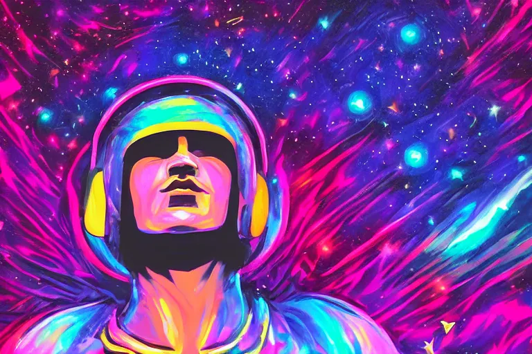 Image similar to digital art of a spiritual gladiator looking up at the stars, acrylic art, universe, painting, pastel colors, synthwave, retro, cyberpunk,