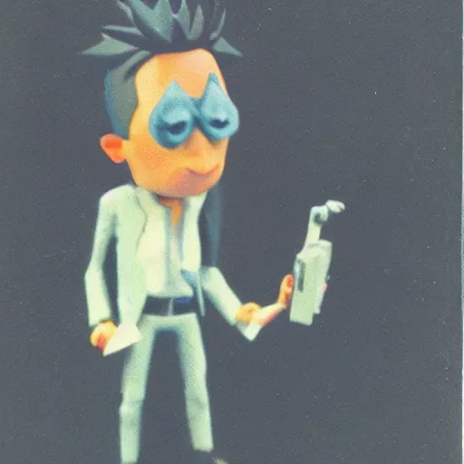 Prompt: old polaroid of a realistic rick sanchez holding his portal gun