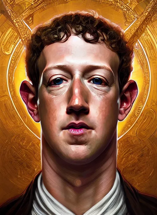 Image similar to symmetry!! portrait of mark zuckerberg + jeff bezos, fantasy, medieval wear, intricate, elegant, highly detailed, digital painting, artstation, concept art, smooth, sharp focus, illustration, art by artgerm and greg rutkowski and alphonse mucha