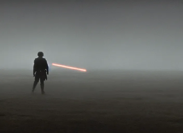 Image similar to epic still of Luke Skywalker using lightsaber in foggy environment, approaching an ancient temple in the distance, iconic scene from the 1980s film directed by Stanley Kubrick, cinematic lighting, kodak film stock, strange, hyper real, stunning moody cinematography, with anamorphic lenses, crisp, detailed portrait, 4k image