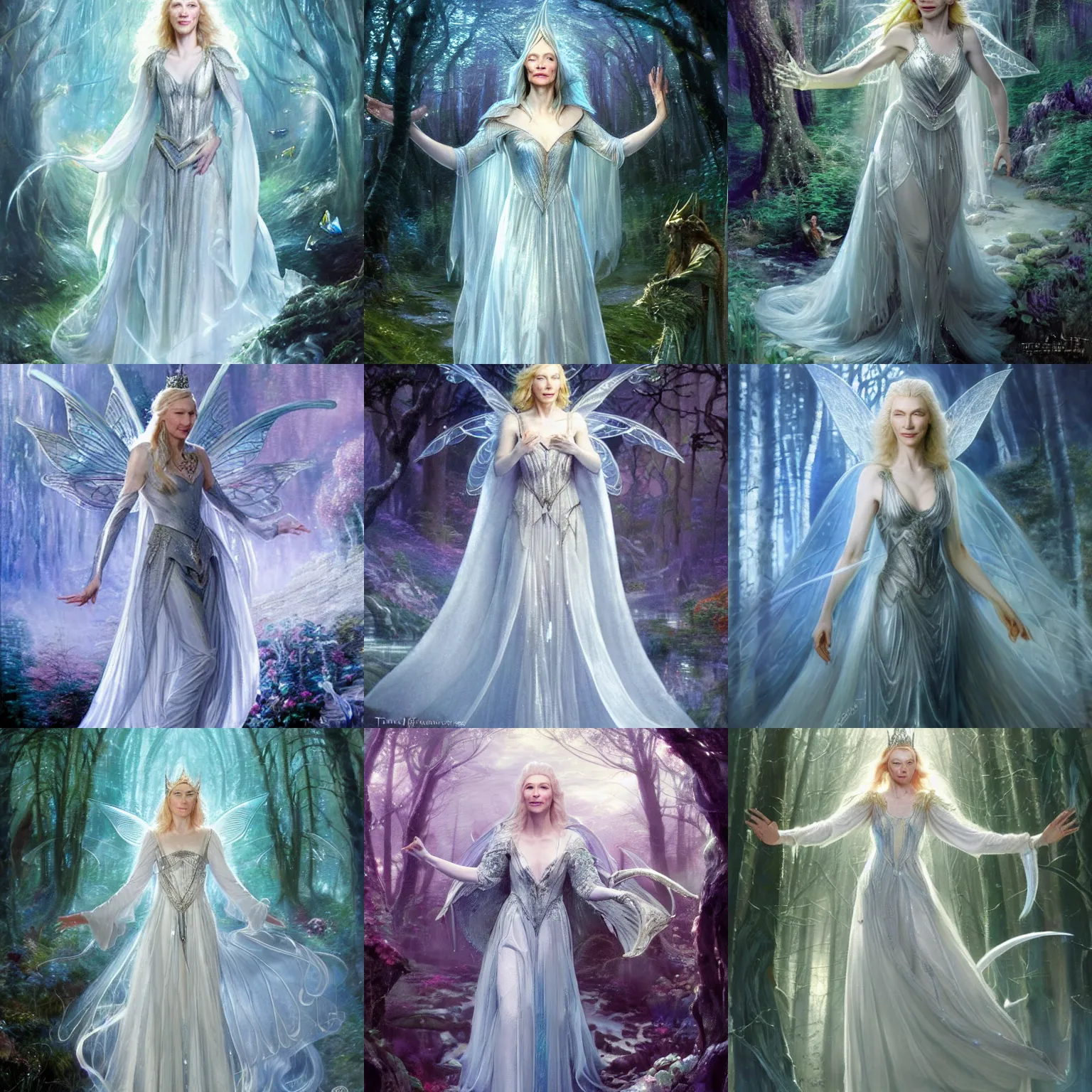 Prompt: Cate Blanchett's Galadriel as a queen of fairies, dressed in a beautiful silver dress, the background is a magical forrest, start, night, blue tones, magical, contrasts, lumnious, fantasy character concept art by ruan jia, thomas kinkade, and J.Dickenson, trending on Artstation