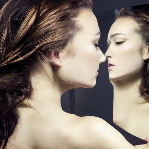 Prompt: masterpiece portrait of a beautiful woman looking at her reflection in front of a cracked mirror, beautiful face, fashion photography, elegant furniture, cracked reflection, mirror, cracks