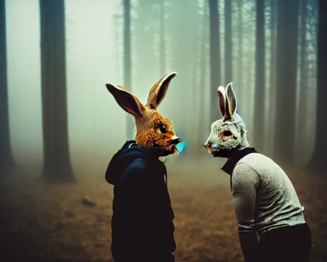 Image similar to a lomography photo of rumble between two human with rabbit head in foggy forest this morning, bokeh,