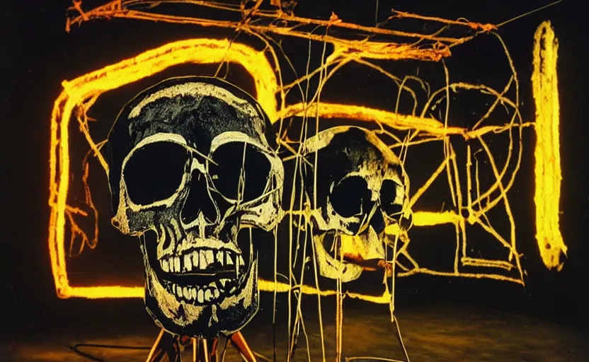 Image similar to photograph of a skull machine built by basquiat perfect composition masterpiece dramatic lighting